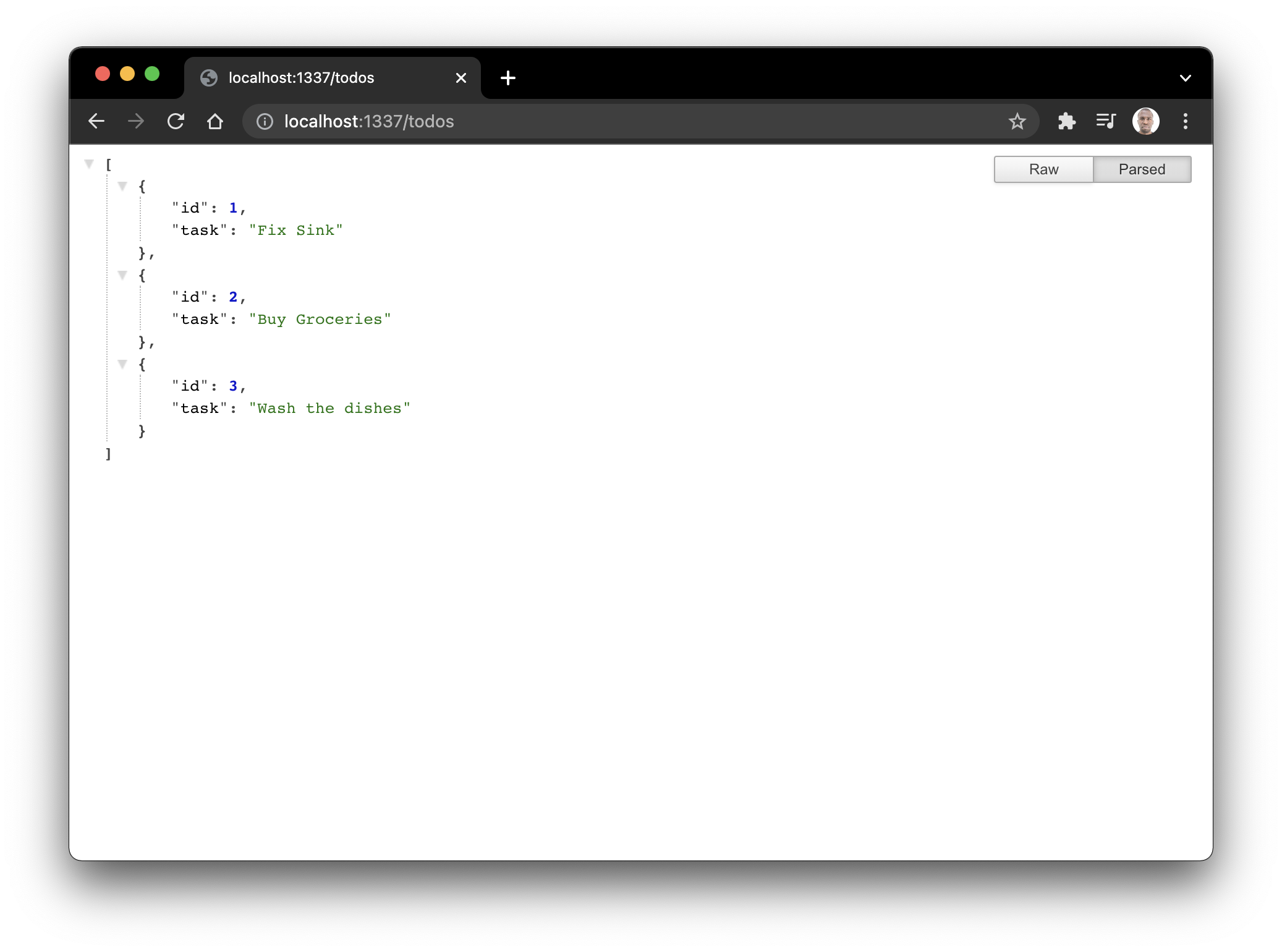 Screenshot of what the route returns