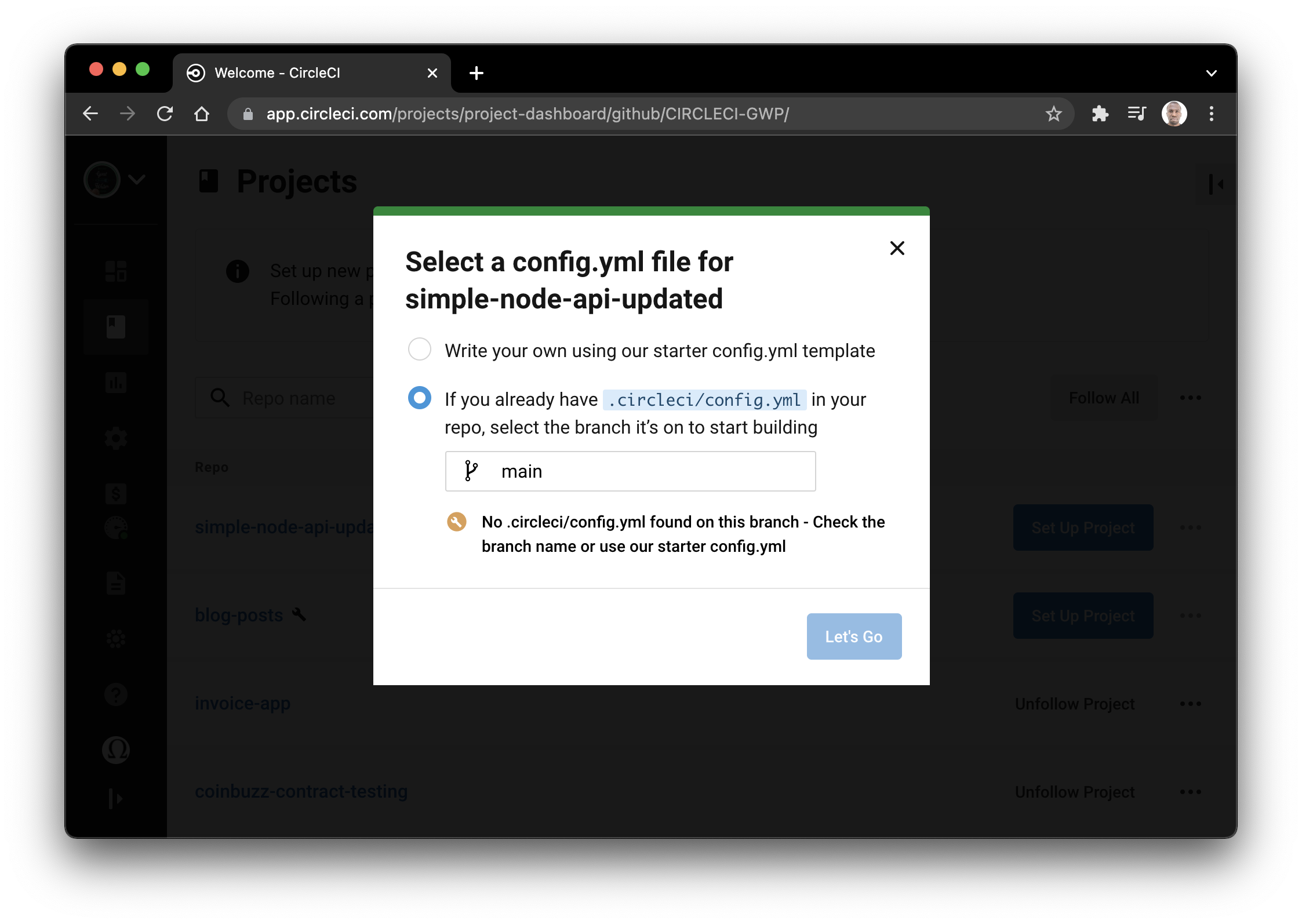 Screenshot Set Up Project form