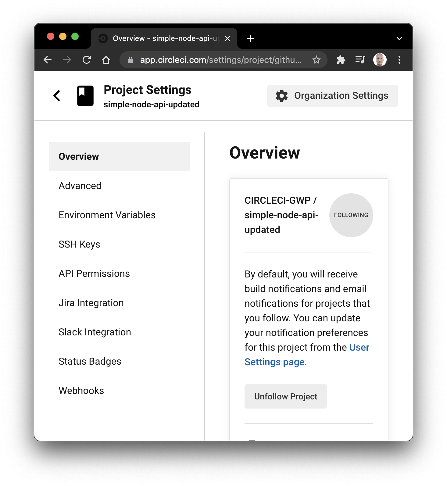 CircleCI project settings