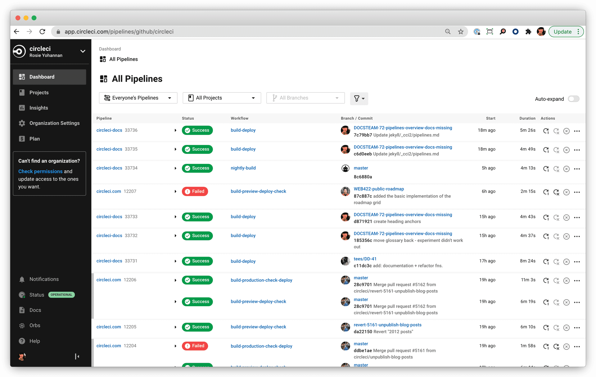 Screenshot of the pipelines dashboard in the CircleCI app