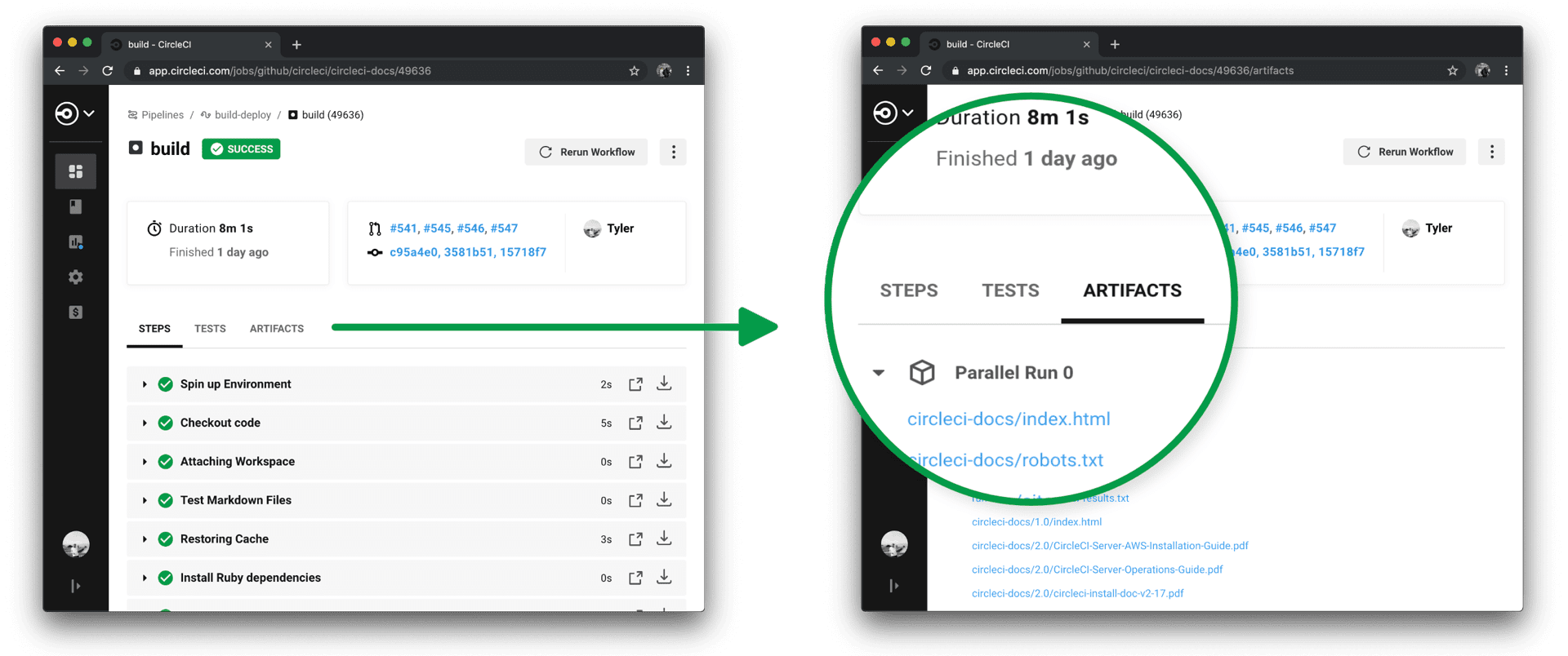 Job tab options in the CircleCI web app