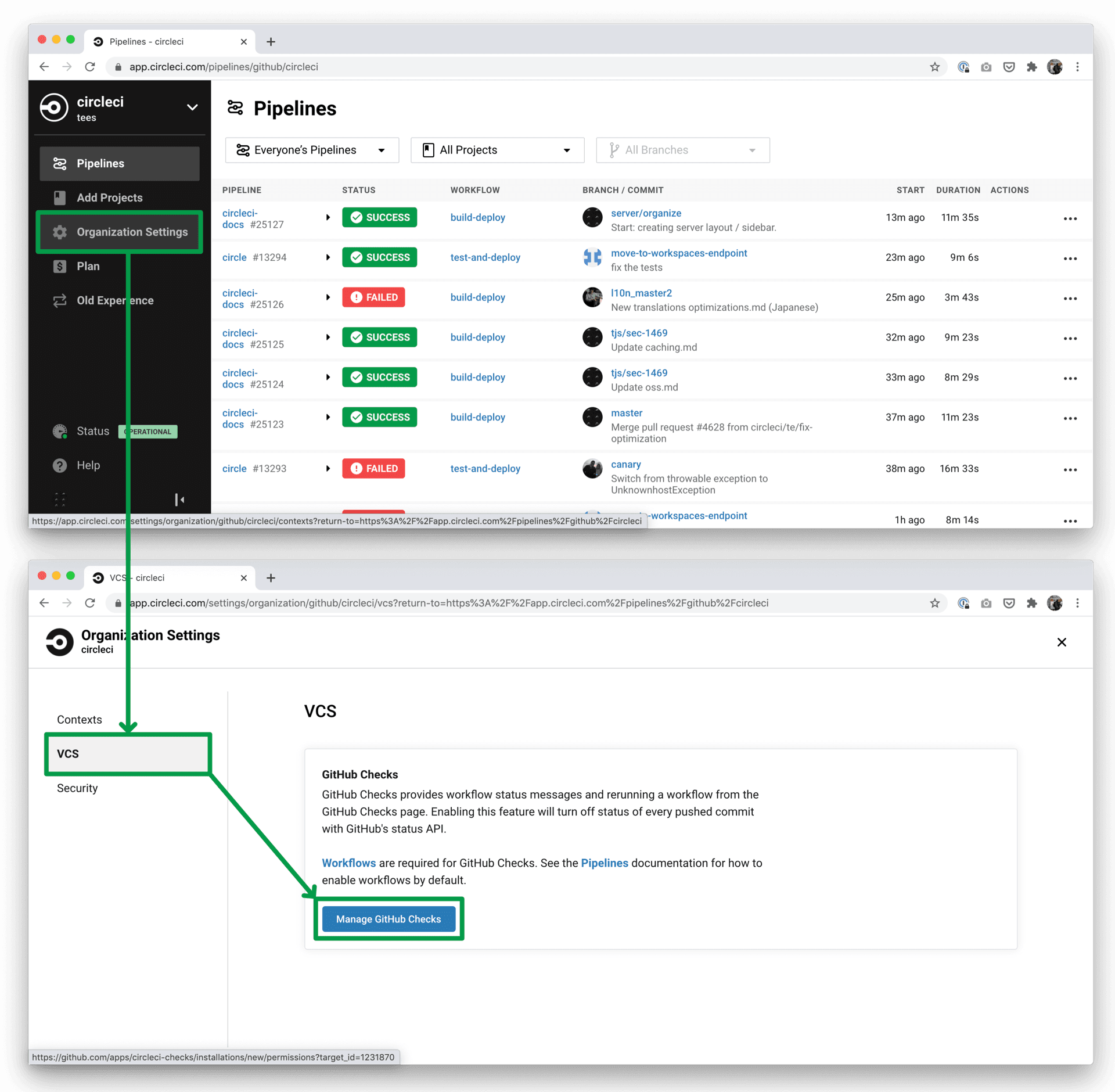 CircleCI VCS Settings Page