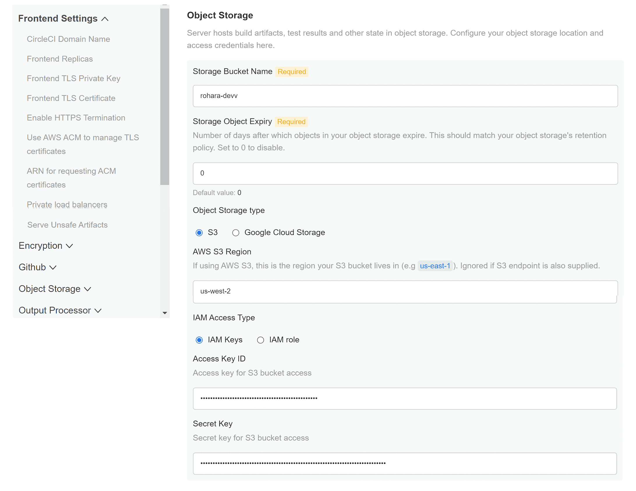 Screenshot showing object storage settings
