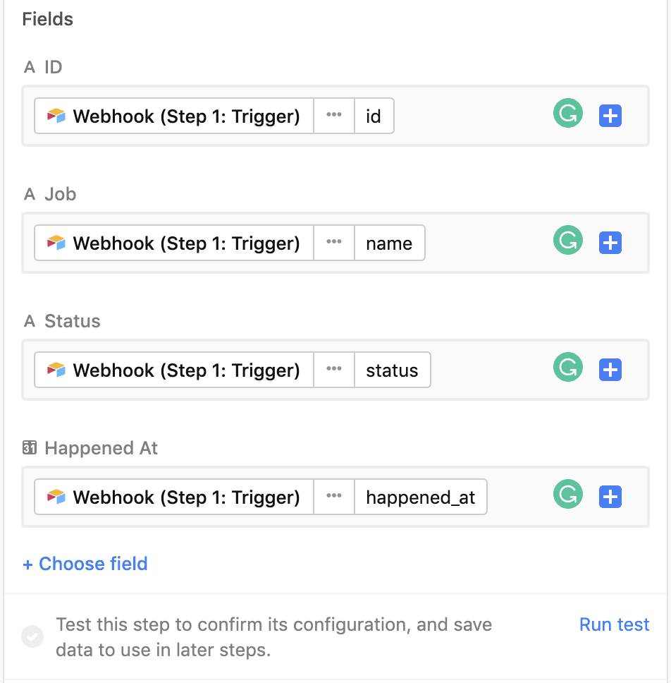 Map columns of table to webhook data