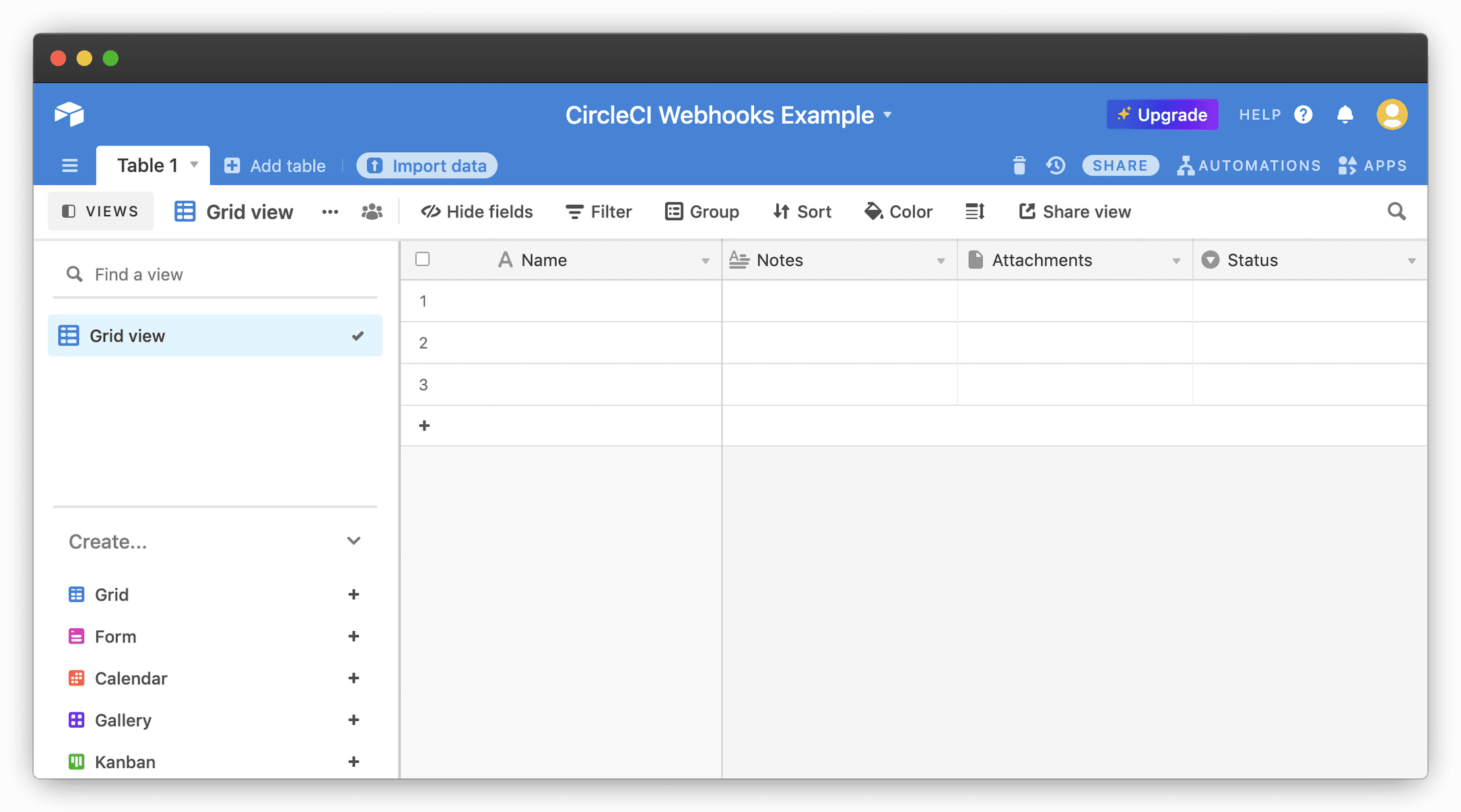 Creating a new base in airtable