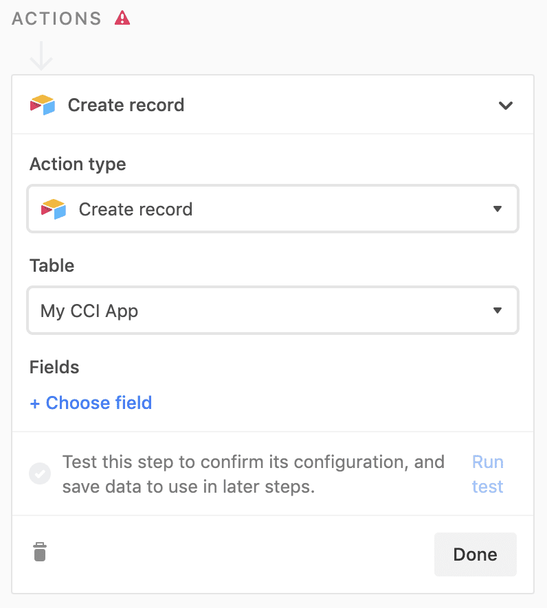 Create action in airtable